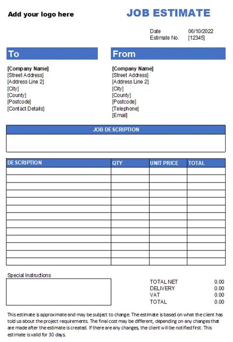 Printable job estimate templates for business owners