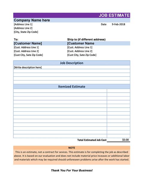 Job Quote Template Format Document in Microsoft Word