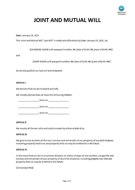 Joint Last Will and Testament Template