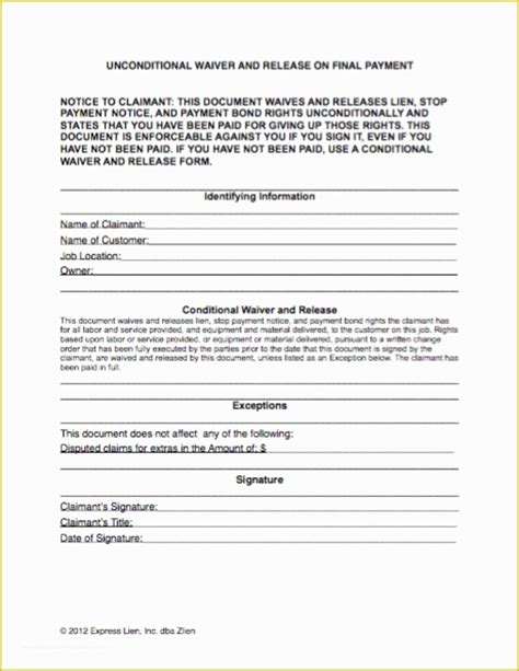 Joint Lien Waiver Form Example