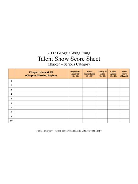 Judges Score Sheet Template with Rubric