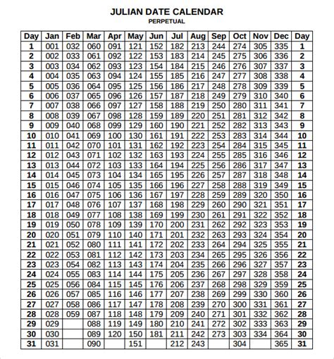 Julian Date Calendar Printable Template