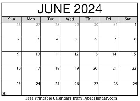 June calendar printable