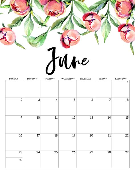 June calendar template with floral design