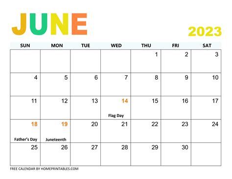 June calendar template with holiday list