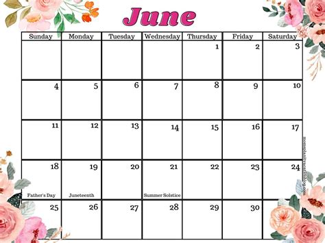 June calendar template with notes