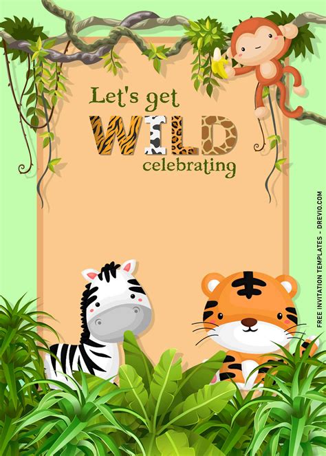 Jungle border template party invitations, featuring a colorful party hat and tropical leaves