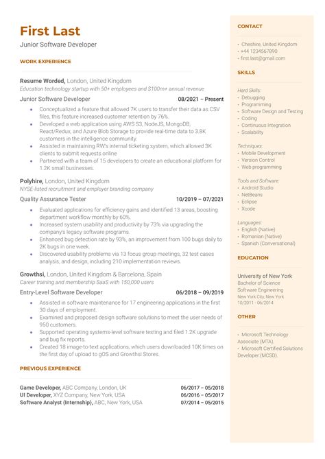 Junior Developer Resume Sample