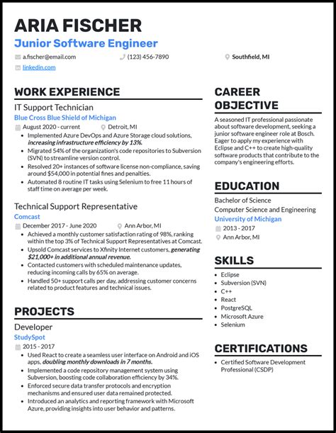 Junior software developer resume example 3