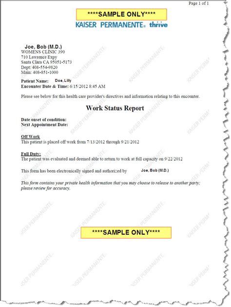 Kaiser Work Status Report Template Example Format