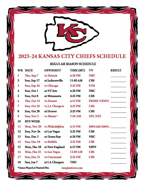 Kansas City Chiefs Schedule PDF