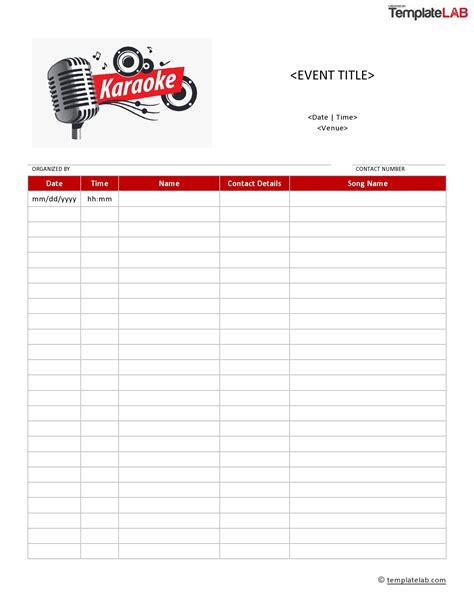 Karaoke sign-up sheet template examples