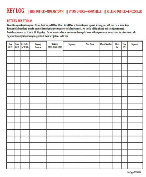 Key Log Template in Excel Sample