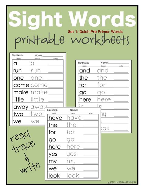 Kindergarten Sight Word Printables