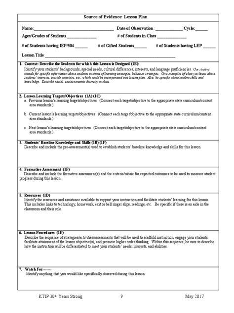 KTIP Lesson Plan Template Example