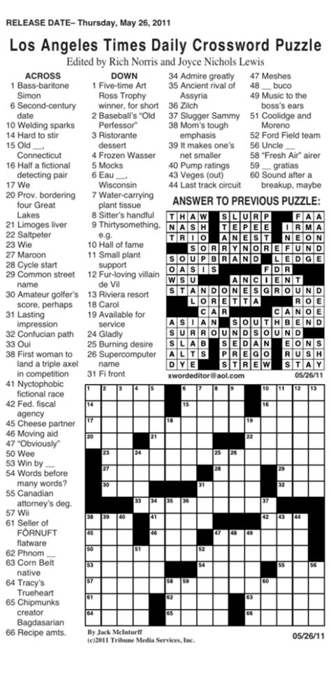 LA Times Crossword Puzzle Printable Daily Editions