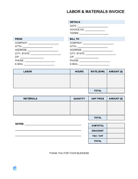 Basic Labor and Material Invoice Template