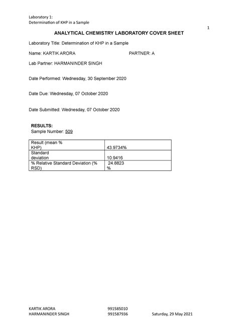 Example of laboratory information on a std results template