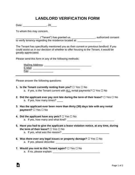 Landlord Verification Form Example