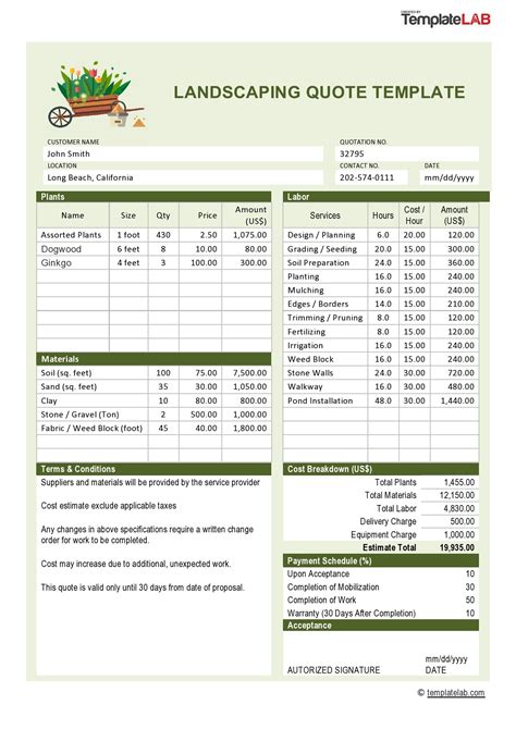 Landscaping bid sheet template excel