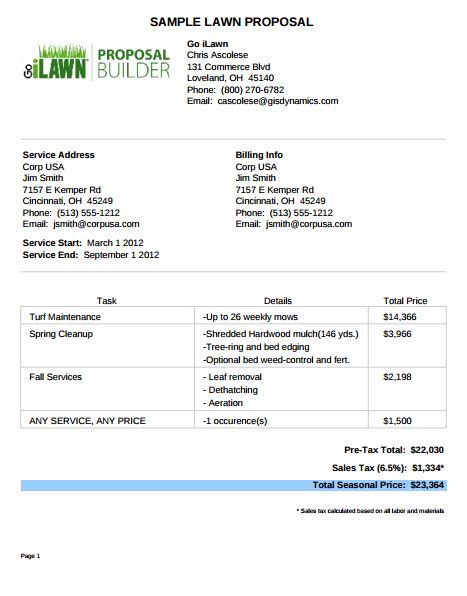 Landscaping bid template example