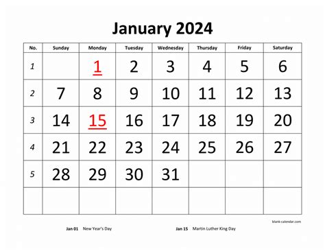 Large Printable Calendar 2024 with Holidays