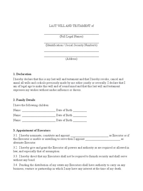 Last Will and Testament Template with Executor