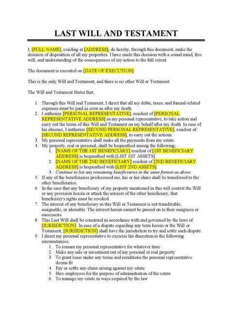 Last Will and Testament Template with Signature