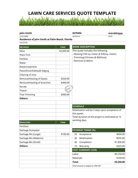 Lawn Care Bid Template Sample