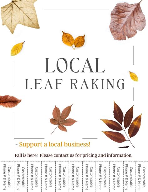 A leaf raking flyer template with a bold headline and a picture of a person raking leaves