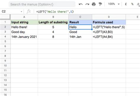 LEFT function Google Sheets template