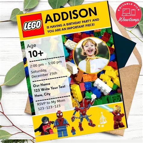 LEGO building blocks used in invitation designs to create a 3D effect