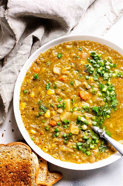 Lentil soup with crusty bread and a side salad