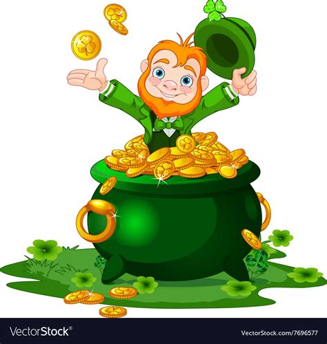 A leprechaun sitting on a pot of gold, surrounded by a halo of light