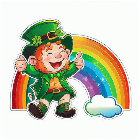 A leprechaun standing in front of a rainbow, with a pot of gold at his feet