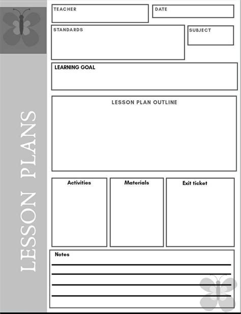 A blank lesson plan template with various sections