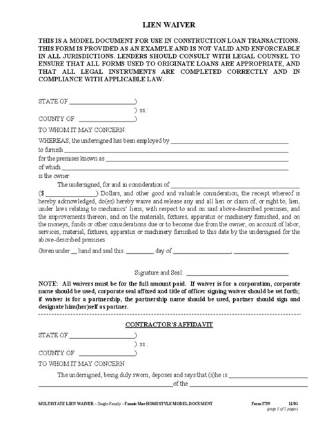 Lien Waiver Form Example