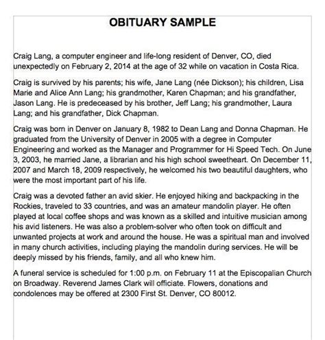 Life story obituary template example