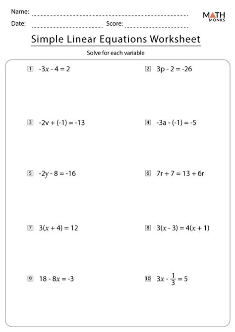 Linear Equations Worksheet Image