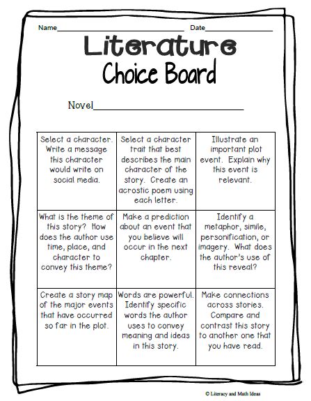 literacy choice board template