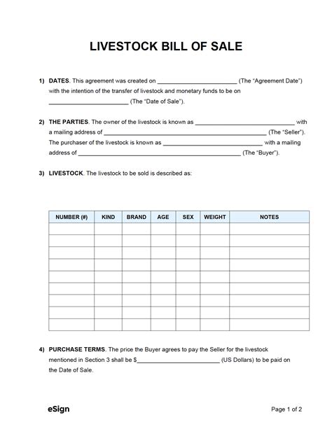 Livestock Bill of Sale template