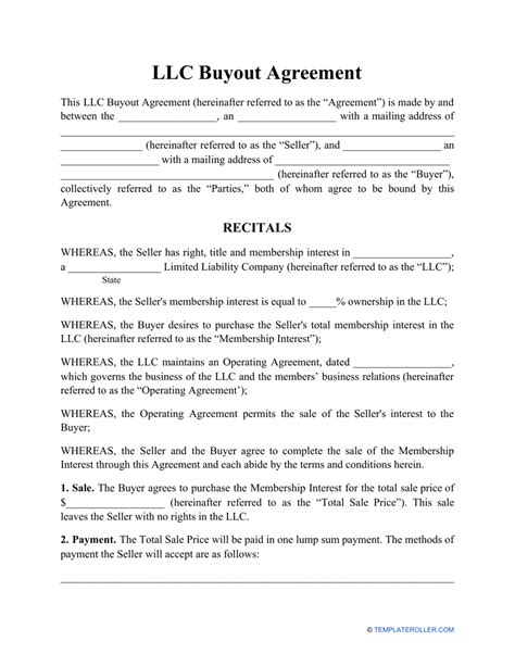 LLC Buyout Agreement Template PDF Format