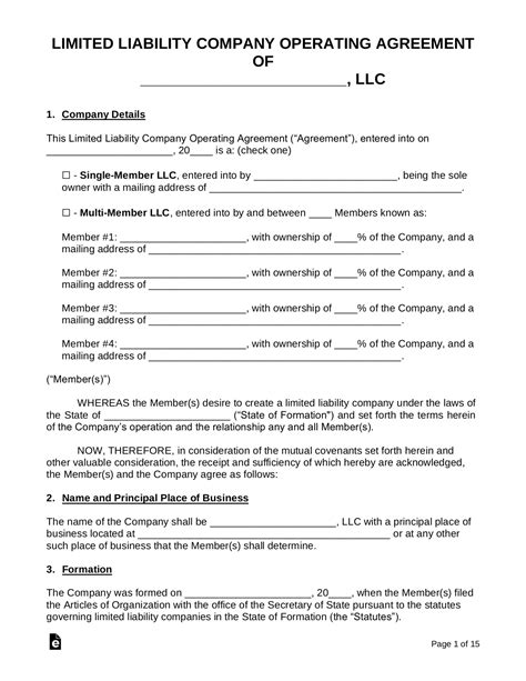 LLC Operating Agreement Template Excel