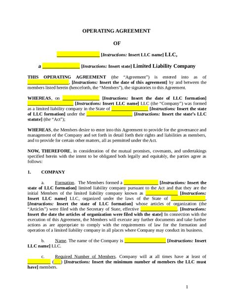 LLC Operating Agreement Template Fillable