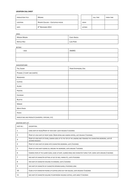 Location Call Sheet Template