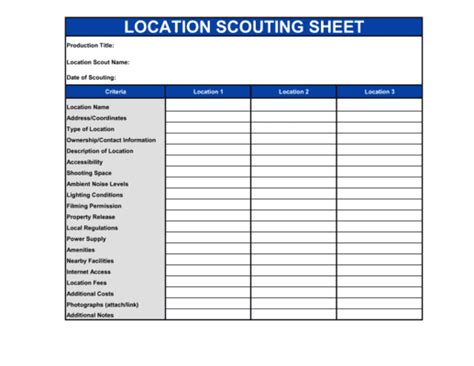 Location scouting template in Excel