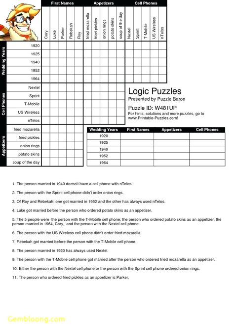 Logic Grid Puzzles Printable With Answers