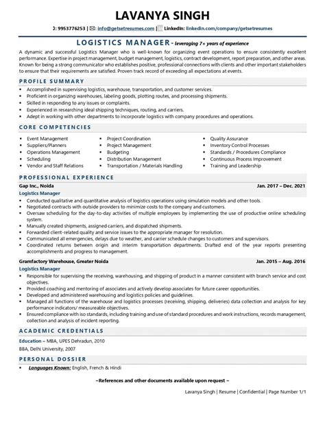 Logistics Resume Template Layout