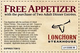 Longhorn Free Appetizer Printable Coupon Deal