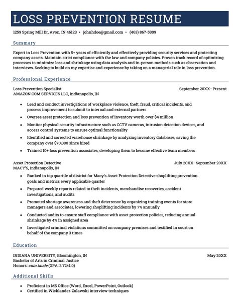 Loss Prevention Resume Template Example